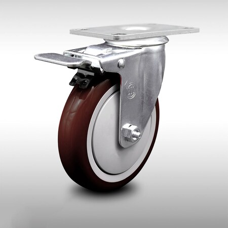 Service Caster 5 Inch SS Maroon Polyurethane Top Plate Caster with Total Lock Brake SCC SCC-SSTTL20S514-PPUB-MRN
